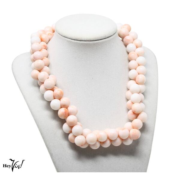 Vintage Pink White Marbleized Bead Choker Necklace Statement 17" Long - Hey Viv - Picture 4 of 5